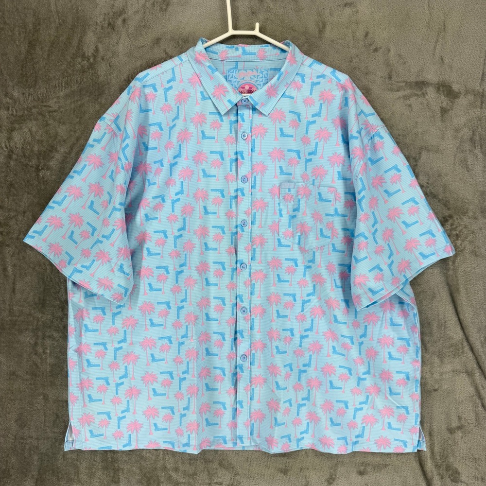 Retro‎ Rifle Rising Palm Mens Short Sleeve Button Down Shirt Blue Pink 4XL
